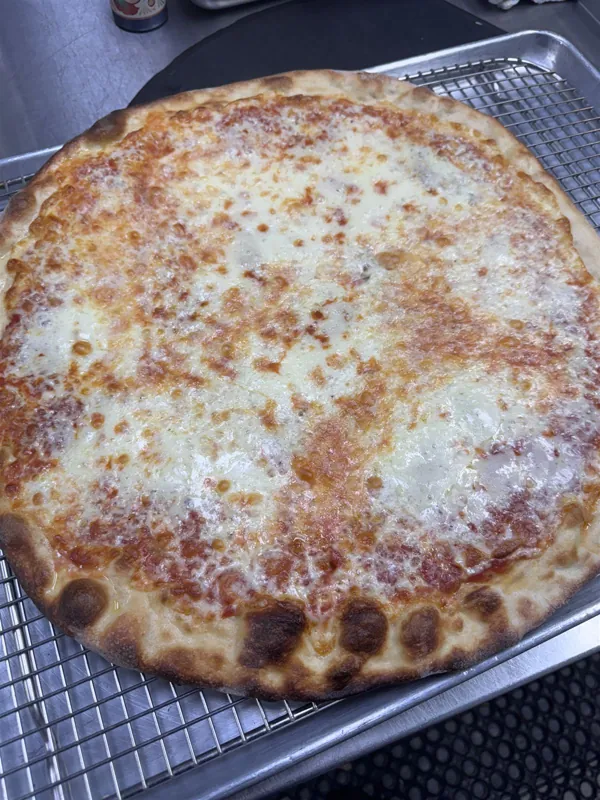 Golden New York style cheese pie on a cooling rack